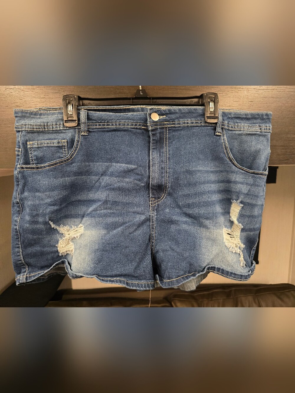 SHEIN Medium Blue High-Rise Distressed Denim Shorts, Size 4XL